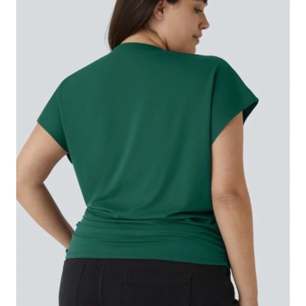 Halara Teal Green V Neck Surplice Wrap Top Short Sleeve XL NWT - Picture 2 of 6